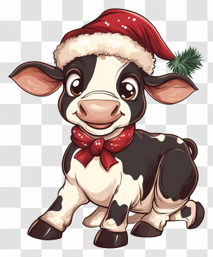 Christmas Cow - Cartoon Calf With Santa Hat And Red Bow Scarf Transparent PNG