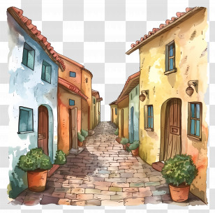 Village Street - Watercolor Painting Of Village Street Transparent PNG