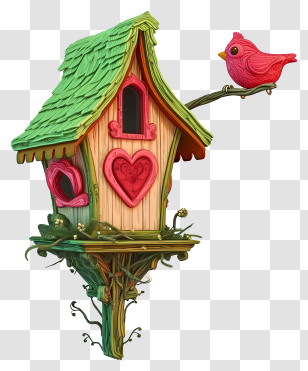 In The Style Of Romantic Illustration - Cute Birdhouse With Bird On Branch Transparent PNG
