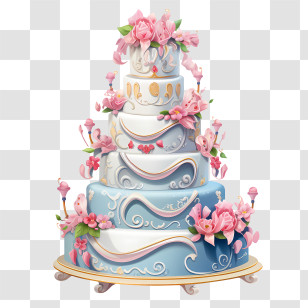 Wedding Cake - Elegant Blue And White Tiered Floral Wedding Cake Transparent PNG