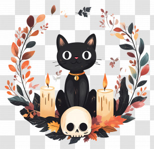 Halloween Black Cat - Black Cat Illustration With Candles And Autumn Leaves Transparent PNG