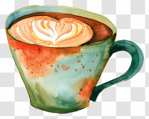 Coffee - Watercolor Coffee Cup With Latte Art Design Transparent PNG