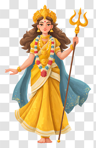 Goddess Durga - Goddess With Trident In Yellow Sari Transparent PNG