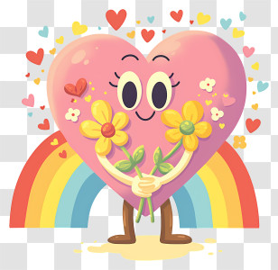 Cartoon Heart Holding Flowers - Pink Heart With Flowers And Rainbow Transparent PNG