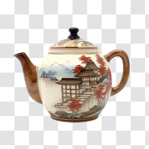 Teapot - Traditional Japanese Ceramic Teapot With Scenic Design Transparent PNG
