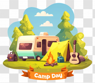 National Camp Day - Cartoon Camping Scene With Caravan And Tent Transparent PNG