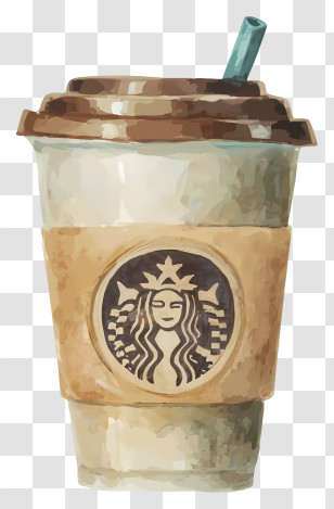 Cartoon - Coffee Cup With Logo And Straw In Watercolor Style Transparent PNG