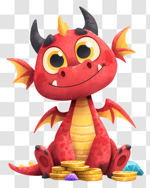 Dragon Perched Atop On Gold Coins - Cute Red Dragon With Treasure Transparent PNG
