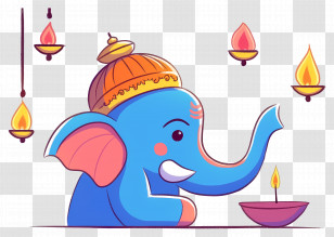 Ganesha Chaturthi - Cartoon Ganesha Illustration With Decorative Lamps Transparent PNG