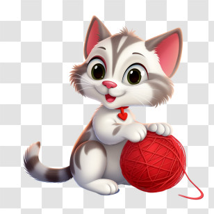 Cat Playing Yarn Ball - Adorable Cartoon Kitten Playing With Yarn Ball Transparent PNG