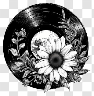 Vinyl Record - Black And White Vinyl Record With Flowers Transparent PNG