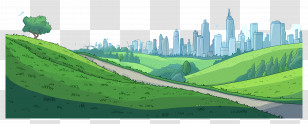 Cartoon Road - City Skyline And Green Hills Illustration Transparent PNG