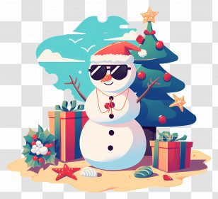 Beach Christmas Snowman - Snowman On A Beach With Christmas Tree Transparent PNG