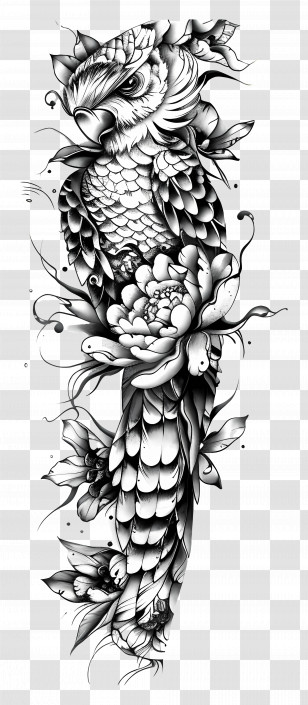 Sleeve Tattoo - Monochrome Artistic Parrot With Floral Design Transparent PNG