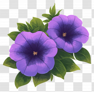 Purple Petunias - Beautiful Purple Petunia Flowers With Leaves Transparent PNG
