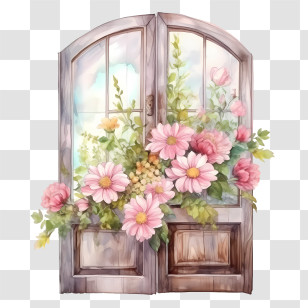 Wooden Door - Rustic Wooden Window With Blooming Flowers Transparent PNG