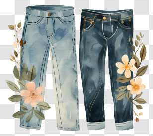 Jeans - Denim Jeans With Floral Design Illustration Transparent PNG