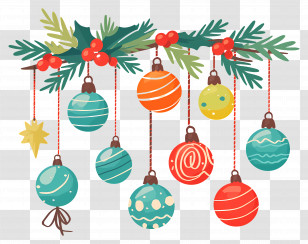 Christmas Balls On A Branch - Colorful Christmas Hanging Ornaments Transparent PNG