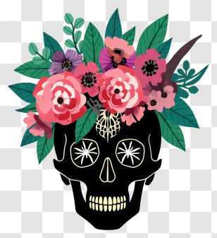 Halloween Skull Flowers - Floral Skull Illustration For Day Of The Dead Transparent PNG