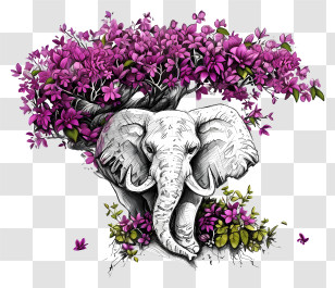 Valentine Elephant Sketch Line - Elephant With Purple Blossoms Transparent PNG