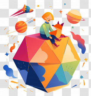 Little Prince - Child And Fox On Geometric Shape In Space Transparent PNG