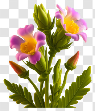 Pink And Yellow Flowers - Beautiful Blooming Pink Flowers With Green Stems Transparent PNG