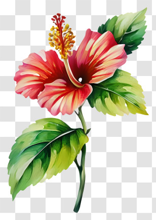 Red Hibiscus Flower - Hibiscus Flower On Stem With Leaves Transparent PNG