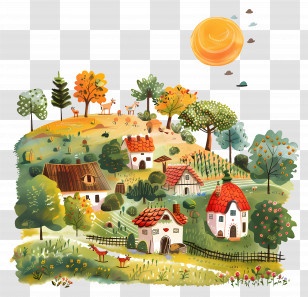 Village Farm - Cartoon Village Landscape With Houses And Trees Transparent PNG