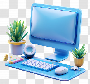 3d Computer - Modern Blue Computer Setup With Plants Transparent PNG