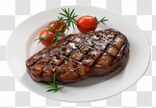 Steak - Grilled Steak On Plate With Tomatoes Transparent PNG