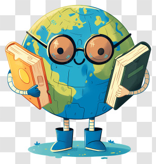 Earth With Glasses - Earth Holding Books Cartoon Transparent PNG