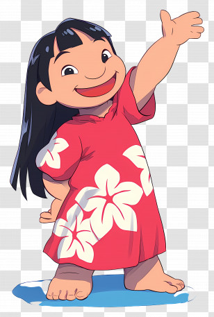 Cartoon Lilo - Smiling Cartoon Girl In Red Floral Dress Transparent PNG