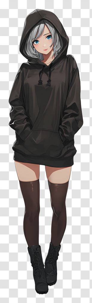Hoodie Anime Girl - Anime Girl In Black Hoodie With Casual Style Transparent PNG