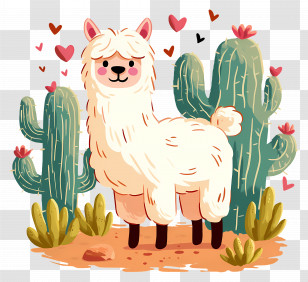 Alpaca Cartoon - White Llama With Hearts Transparent PNG