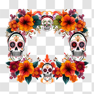 Dia De Muertos - Colorful Skulls And Flowers Decoration For Day Of The Dead Transparent PNG