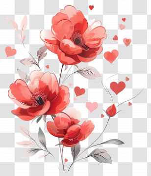 Peony Flowers - Romantic Red Flowers With Heart Decorations Transparent PNG