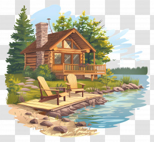 Summer Lodge Background - Log Cabin By The Lake Illustration Transparent PNG