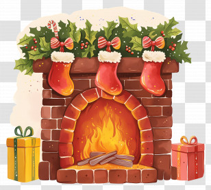 Christmas Fireplace - Festive Christmas Fireplace With Stockings And Gifts Transparent PNG