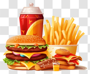 Burger - Fast Food Combo With Burger, Fries, And Soda Transparent PNG