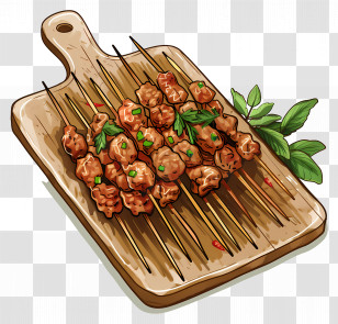 Satay - Grilled Meat Skewers On Wooden Board Transparent PNG