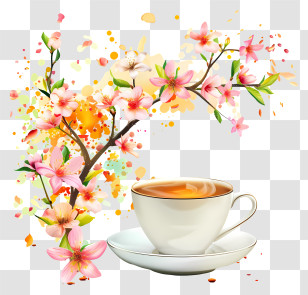 Spring Coffee Time - Coffee Cup With Cherry Blossoms Design Transparent PNG