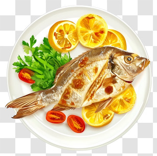 Vector Draw Design - Grilled Fish Served With Lemon And Fresh Herbs Transparent PNG