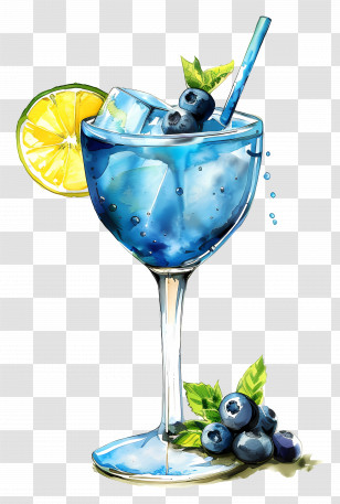 Blue Cocktail - Blue Cocktail Glass With Lime And Blueberries Transparent PNG