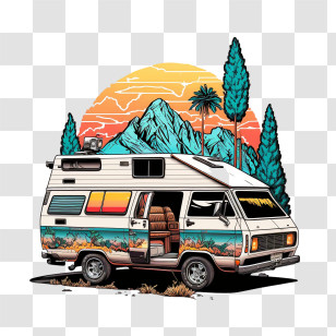 Colors Of The 90s Camp Car
 - Vintage Camper Van With Mountains And Sunset Transparent PNG