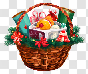 Holiday Decorations - Festive Holiday Gift Basket With Treats And Decorations Transparent PNG