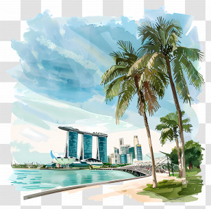 Singapore - Modern Cityscape With Palm Trees Illustration Transparent PNG
