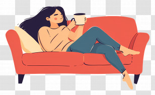 Drinking Coffee - Relaxing Woman On Red Couch Holding Cup Transparent PNG