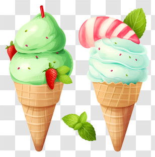 Ice Cream Cones - Delicious Ice Cream Cones With Mint And Strawberry Transparent PNG