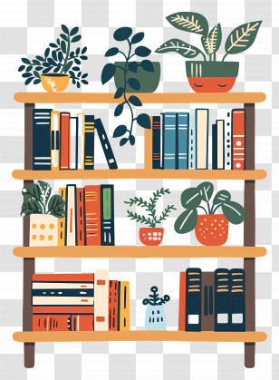 Bookshelf With Plants - Bookshelf With Plants And Books In Artistic Design Transparent PNG