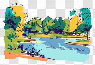 Cartoon Landscape With Lake And Trees - Scenic Cartoon Landscape With Lake And Trees Transparent PNG